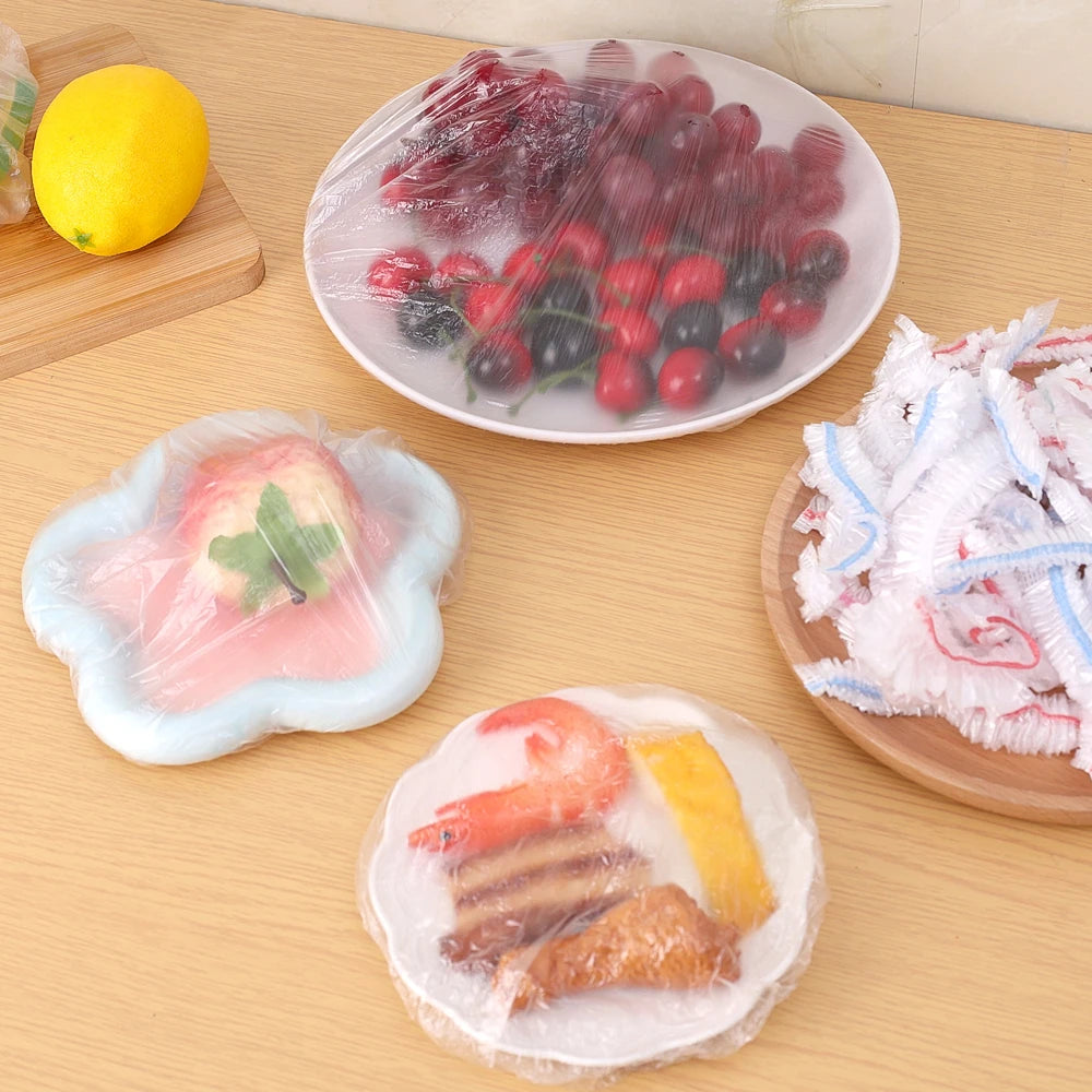 500/50Pcs Disposable Food Cover Fruit Food Cover Elastic Plastic Shower Cap Food Grade Storage Bag Kitchen Organizer Cling Film.