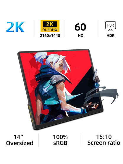ZSUS 2160*1440  14-inch 2K Portable Monitor 60HZ For Laptop XBox PS4 / 5 Switch TV Box Cell Phone PC Extension  Mobile.